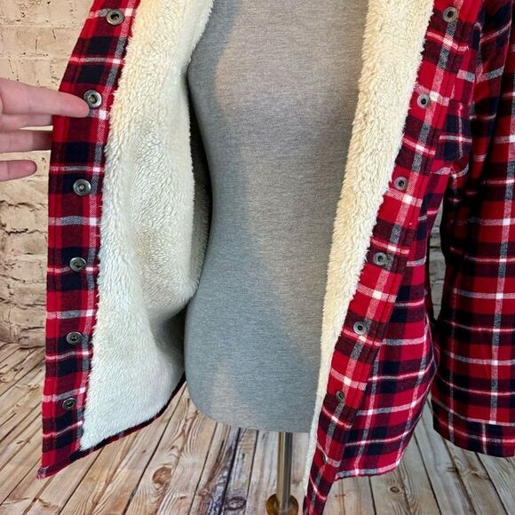 Lucky Brand Lined Shacket Plaid Flannel Button Down Red Black Womens Size XL NWT - Picture 2 of 7
